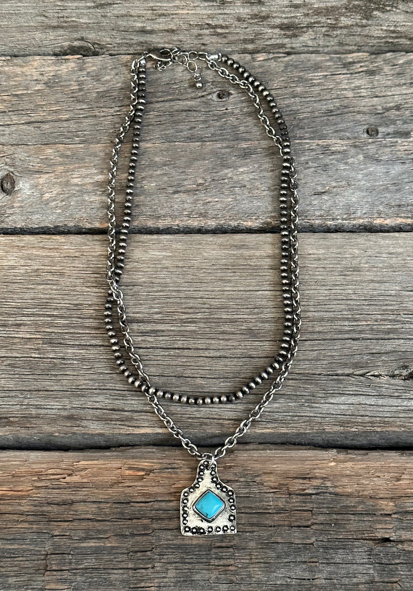 Gunmetal Navajo Pearl Tag Double Necklace