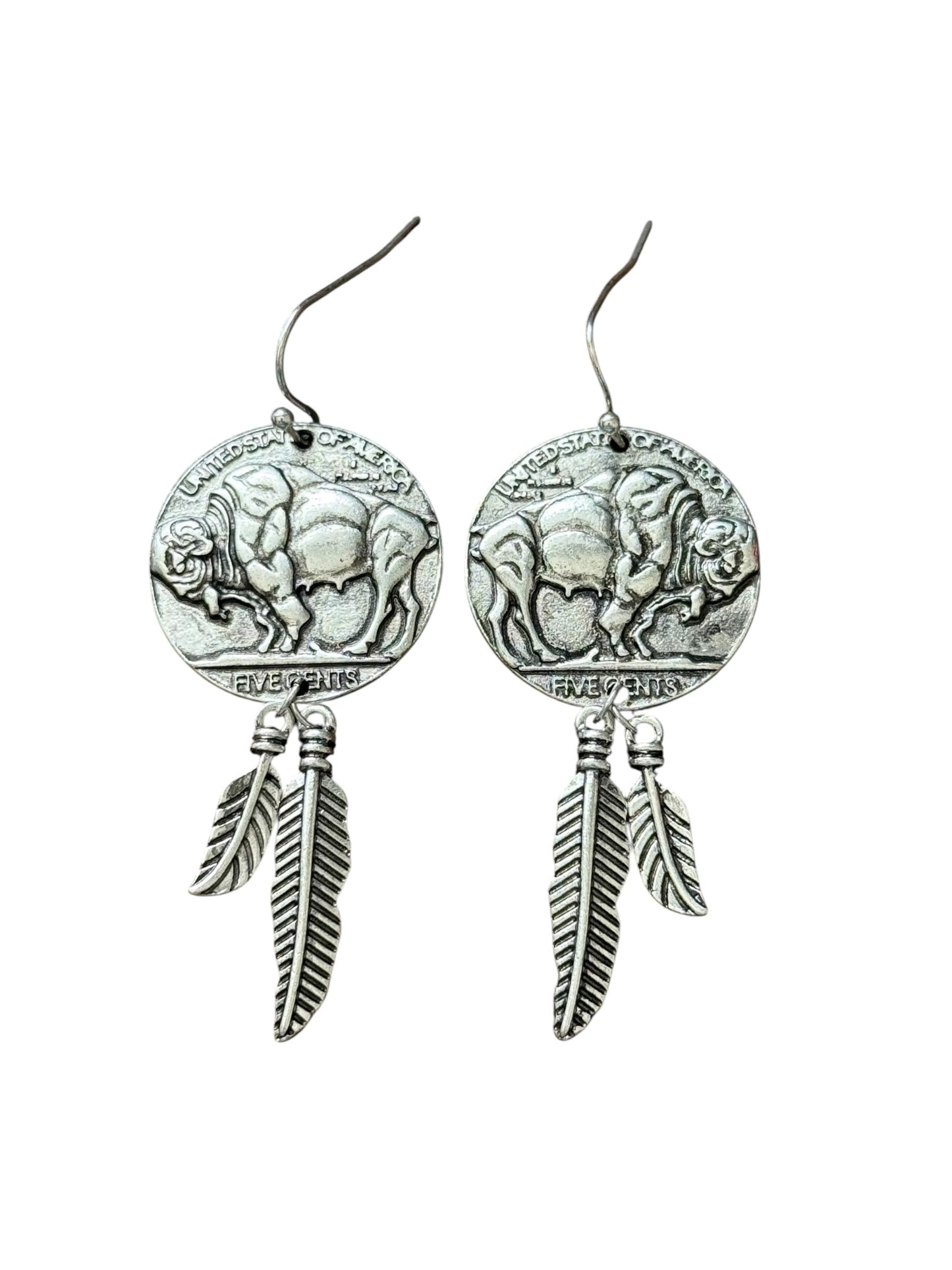 Buffalo Feather Coin Earrings