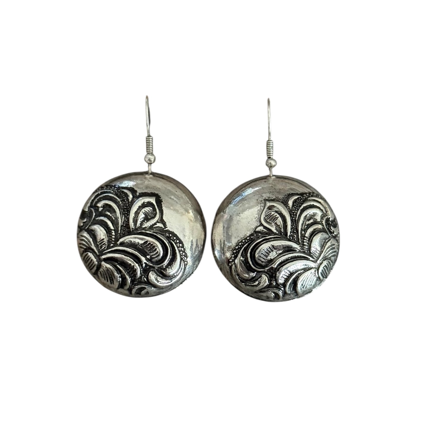 Tooled Silver Round Earrings