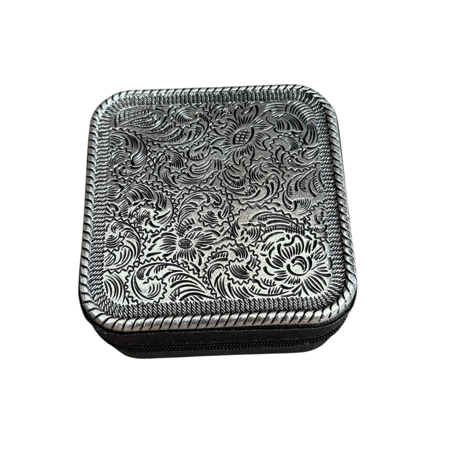 Tooled Silver Black Jewelry Box
