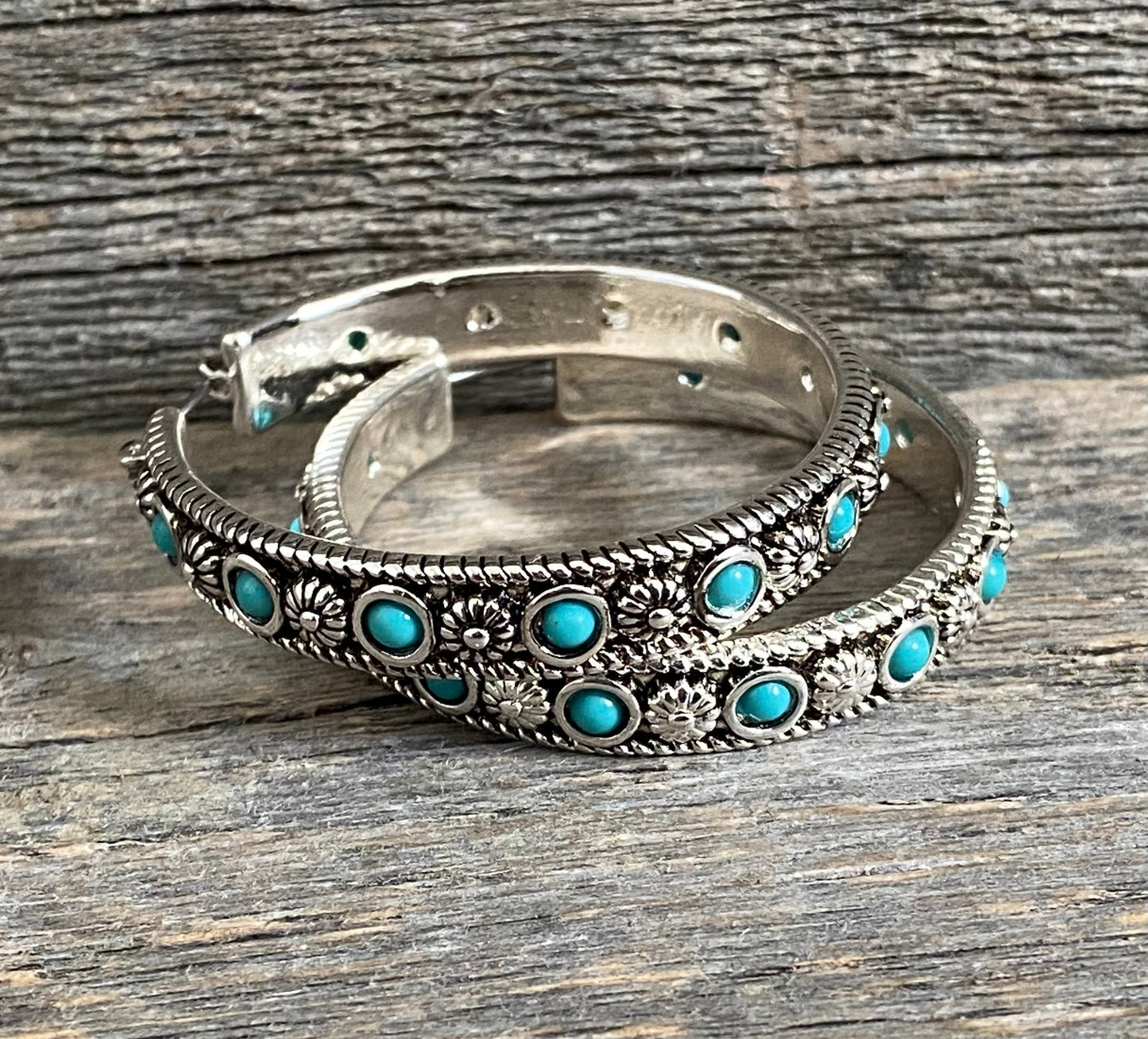 Silver Turquoise Stone Hoop Earrings
