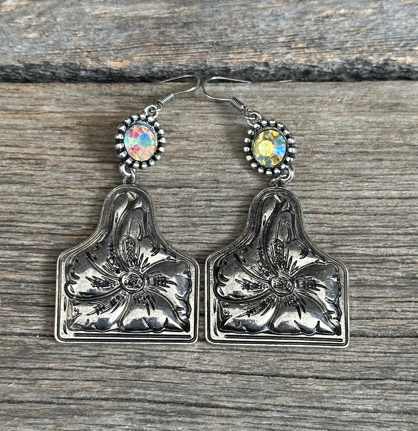 Silver Floral Tag Earrings