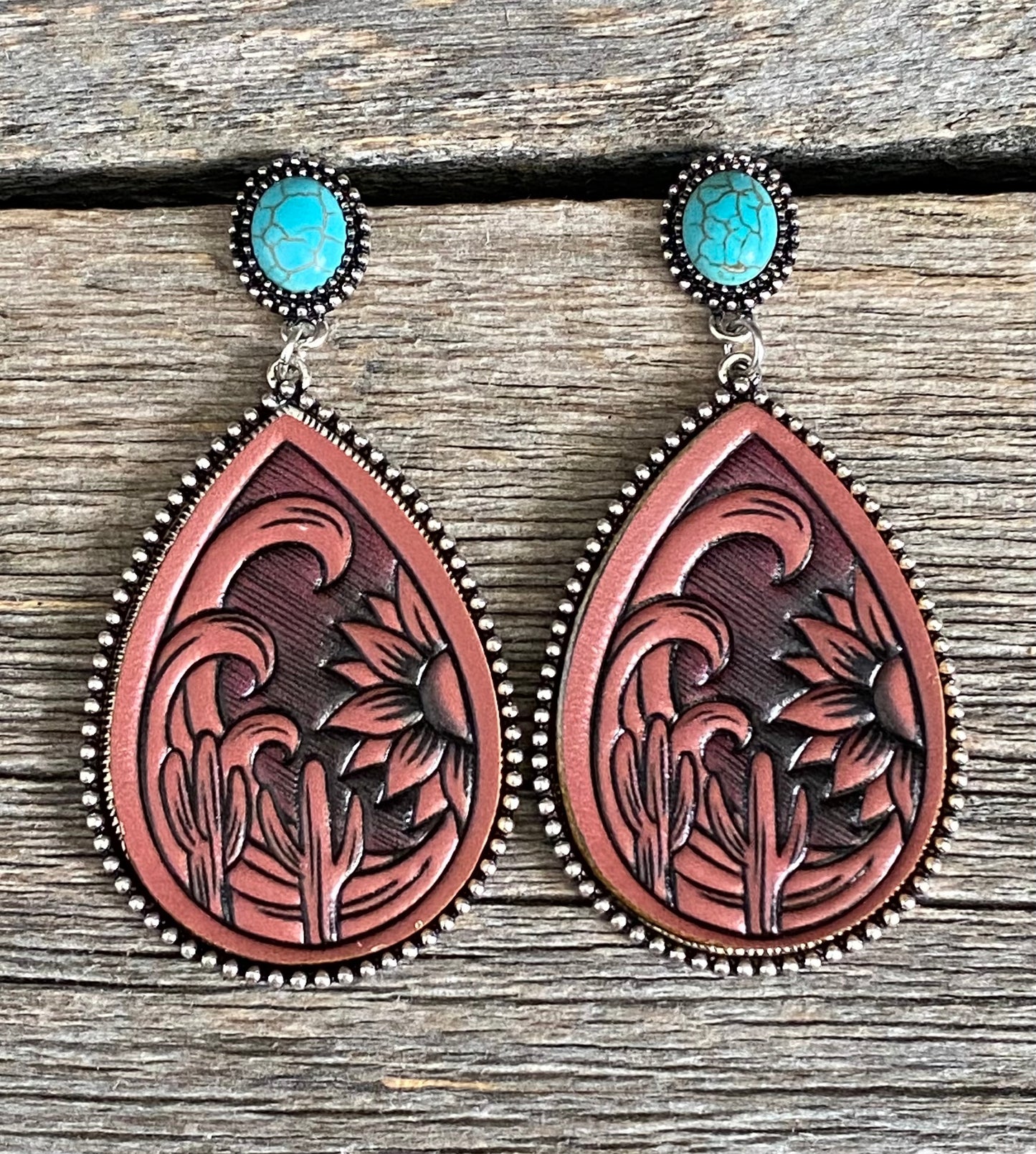 Sunflower Cactus Leather Earrings
