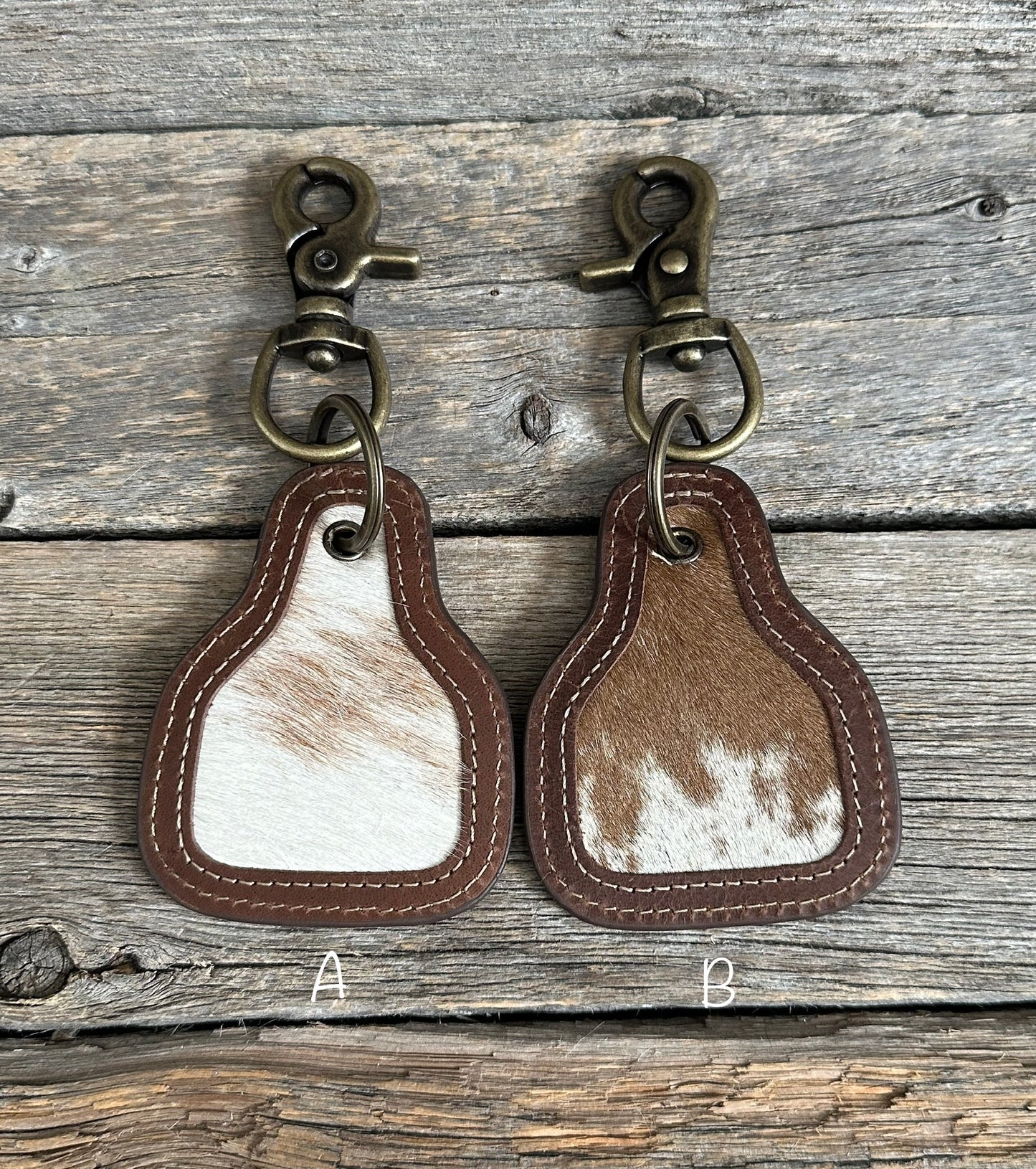 Brown & White Cowhide Tag Keychain