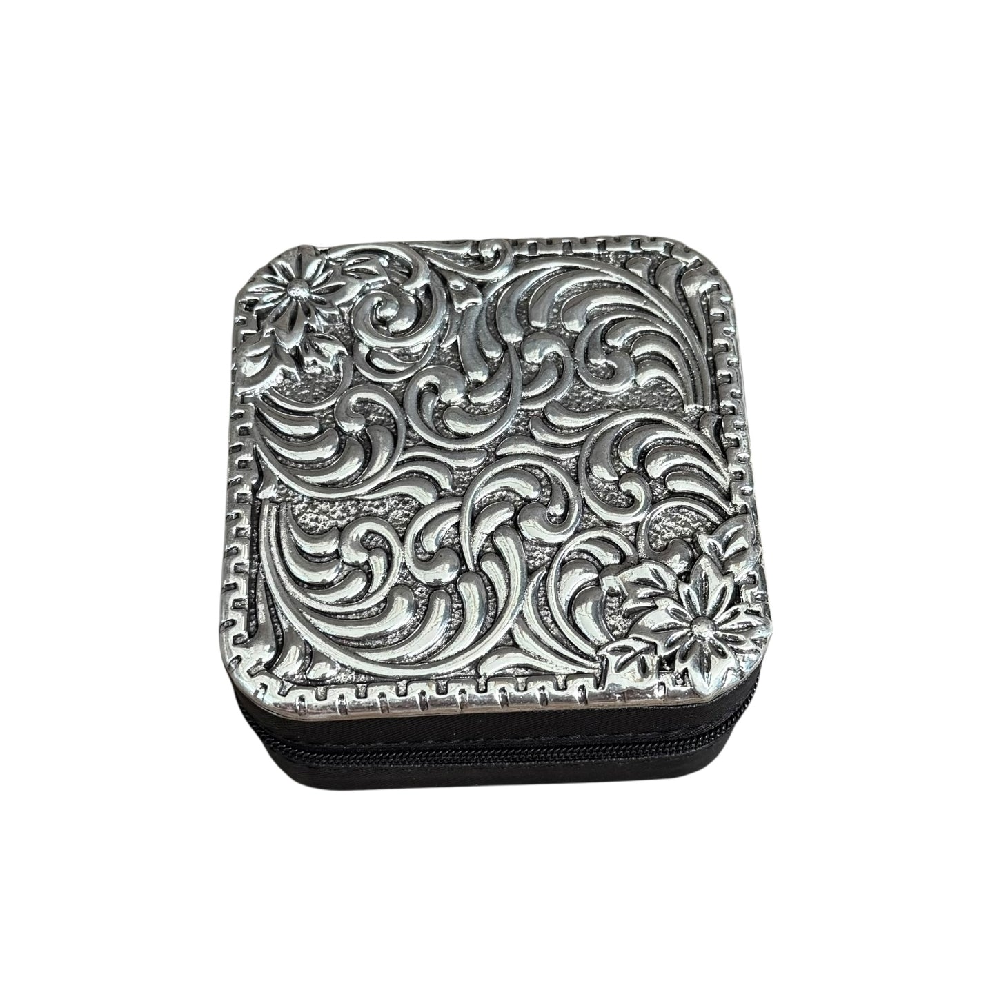 Tooled Floral Black Jewelry Box