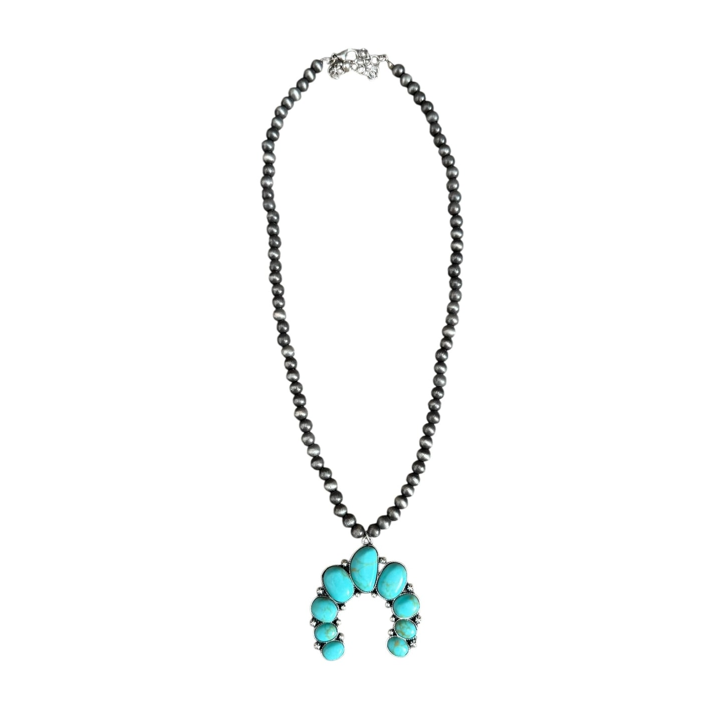Gunmetal Navajo Pearl Turquoise Squash Necklace