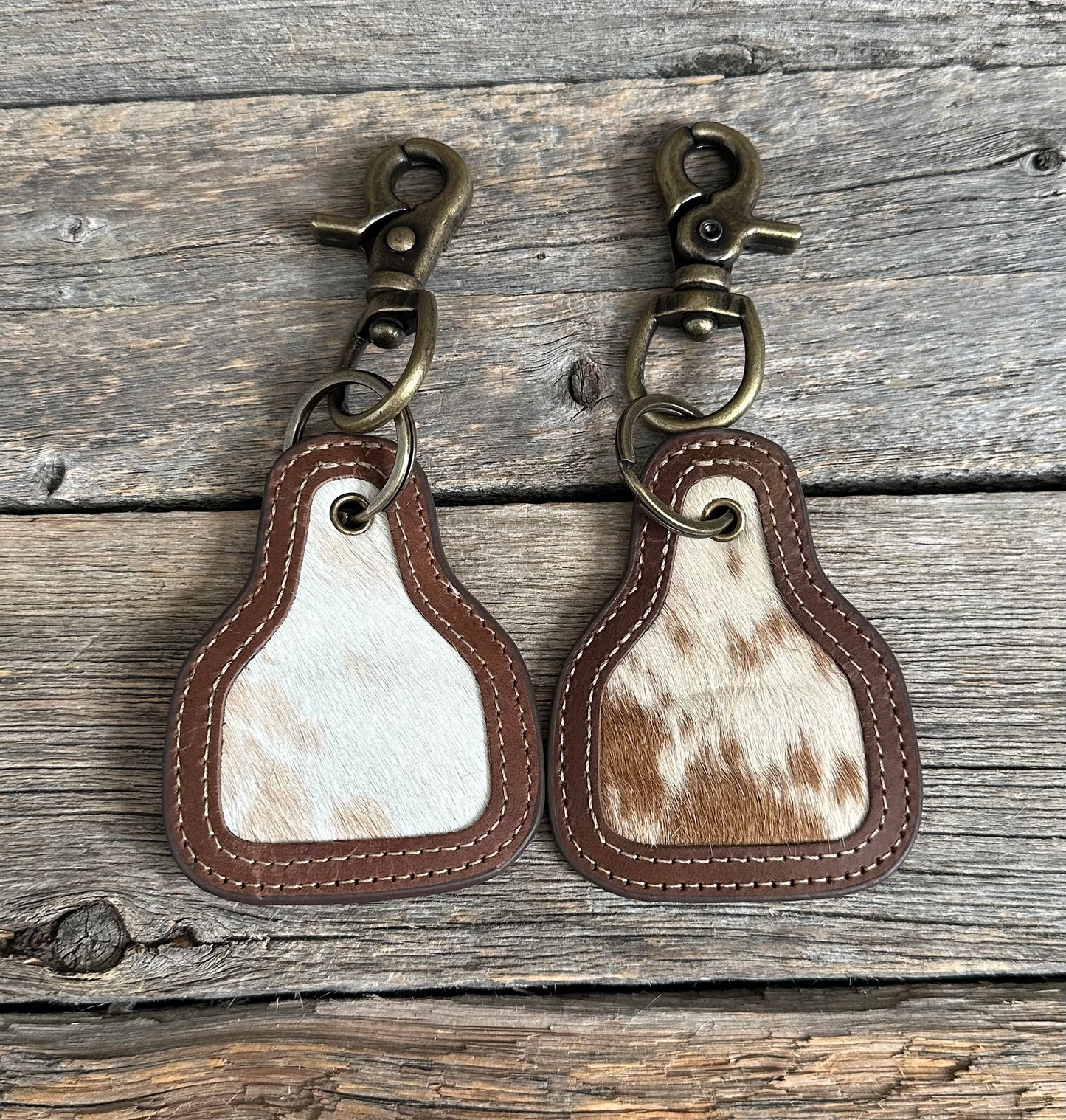 Brown & White Cowhide Tag Keychain
