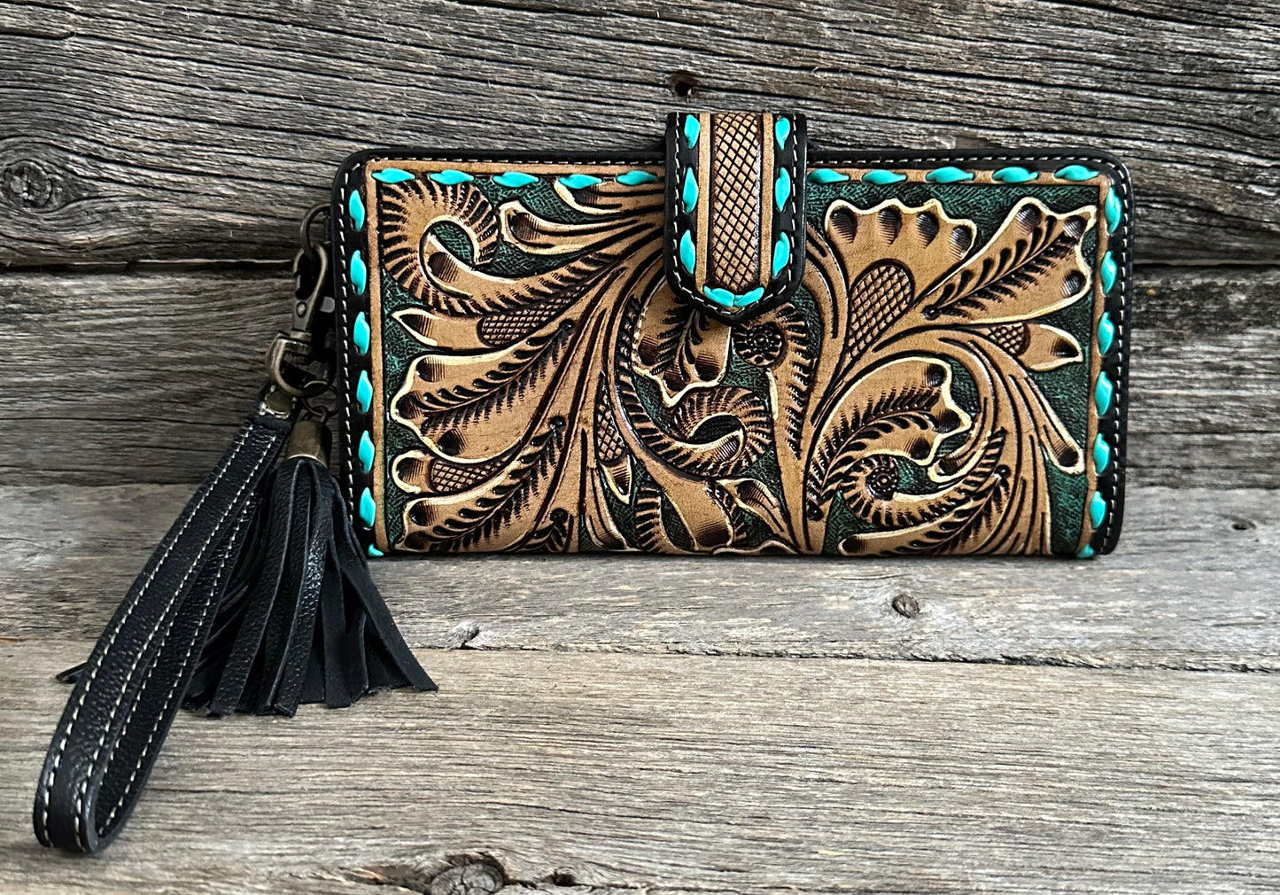 Tooled Turquoise Buckstitch Wallet