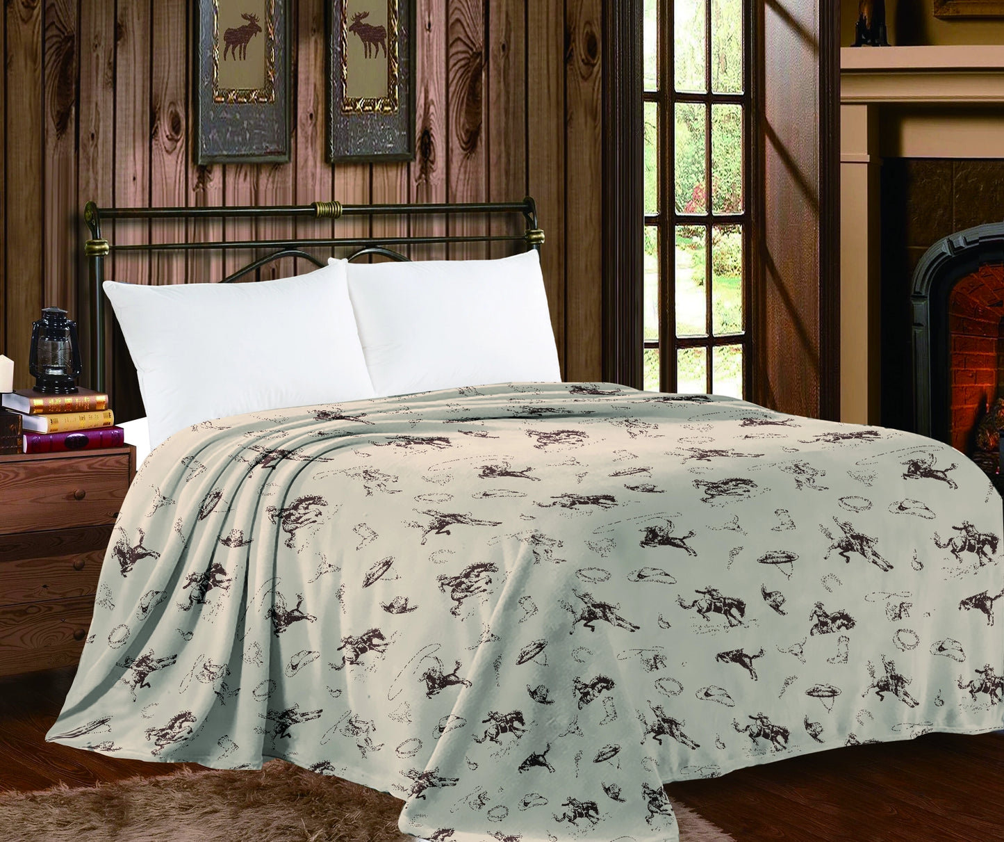 Cream Rodeo Scene Queen Blanket