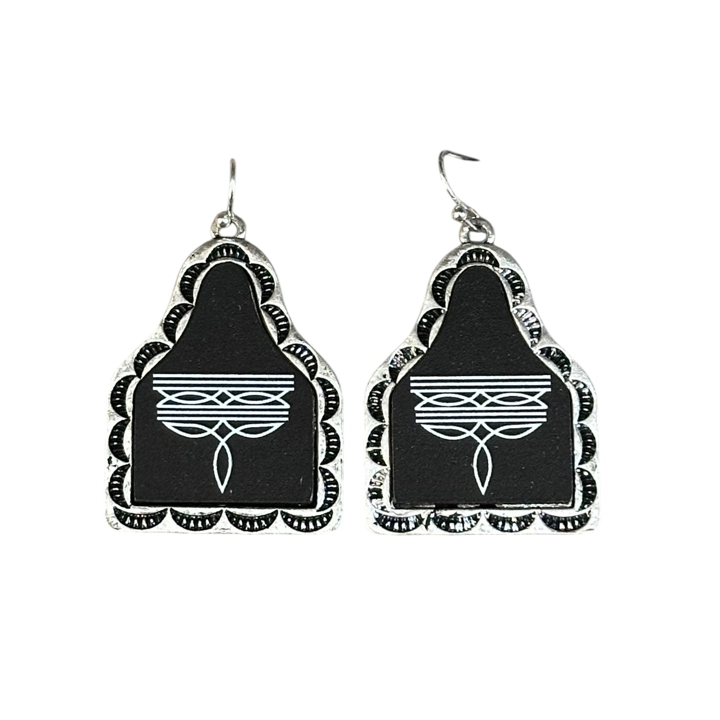 Black Boot Stitch Tag Earrings