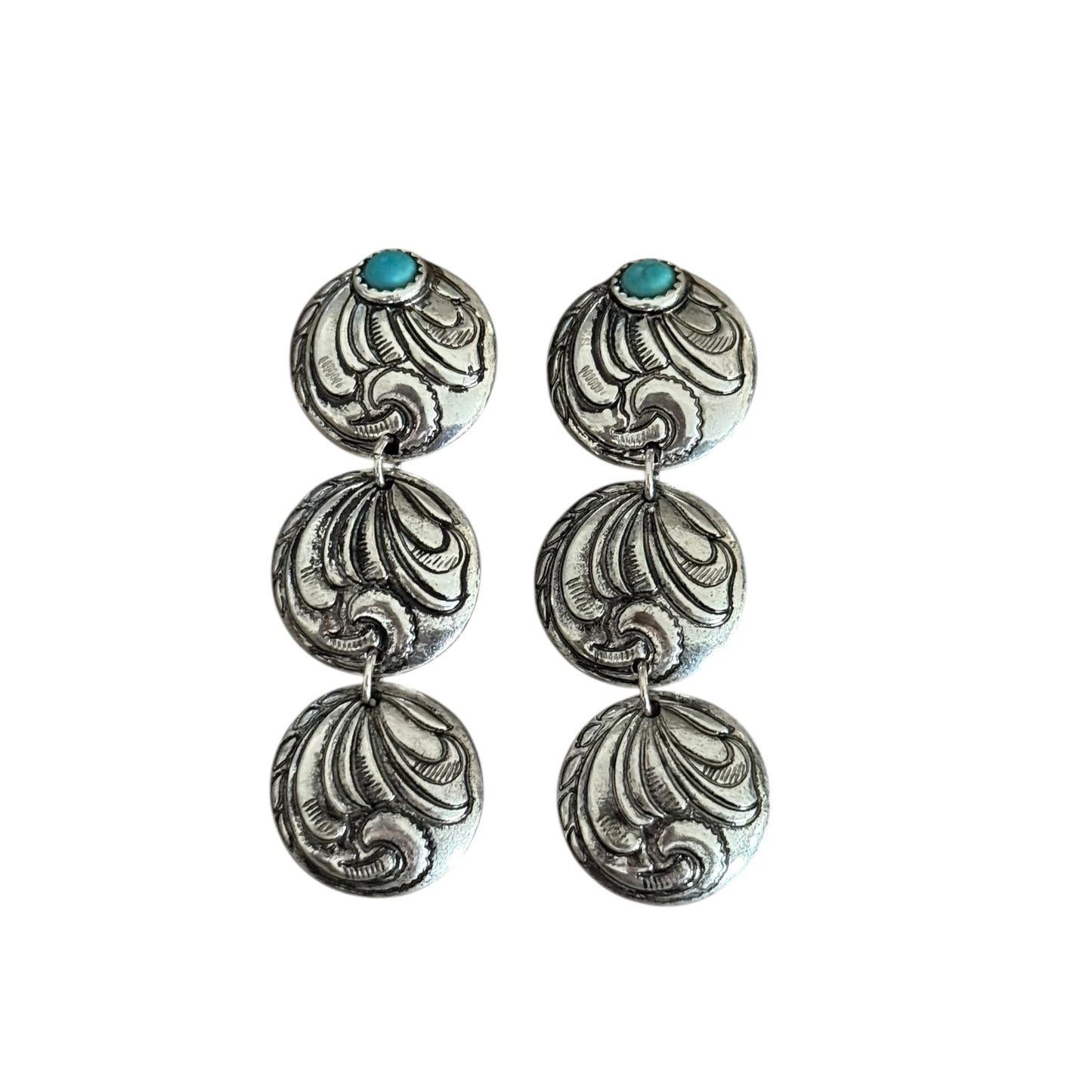 Turquoise Tooled Triple Drop Earrings