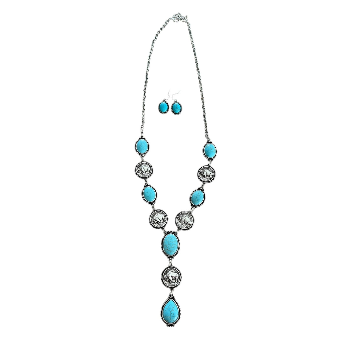 Turquoise Buffalo Coin Y Drop Necklace Set
