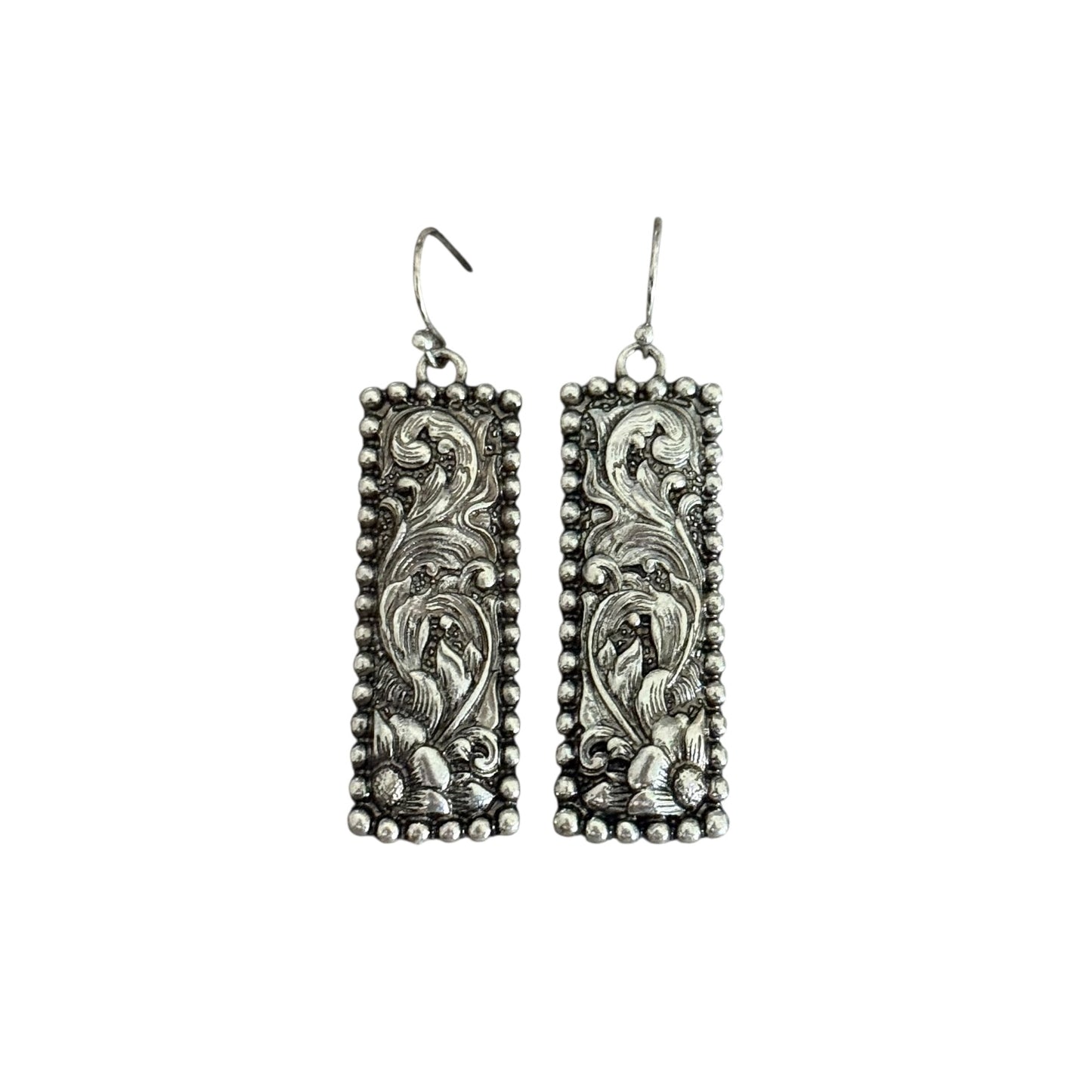 Silver Tooled Floral Bar Earrings