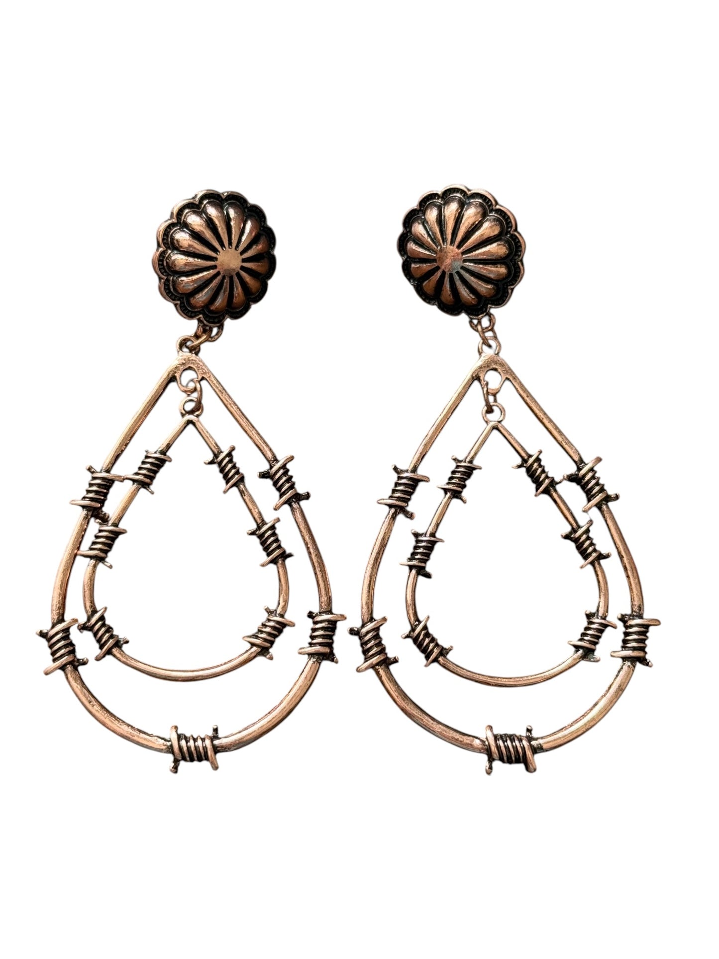 Copper Concho Double Teardrop Barbwire Earrings
