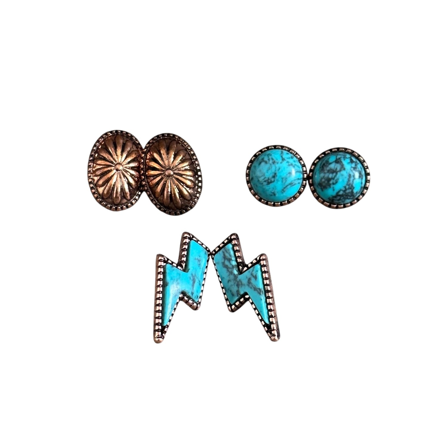 3 Pack Copper Turquoise Bolt Earrings