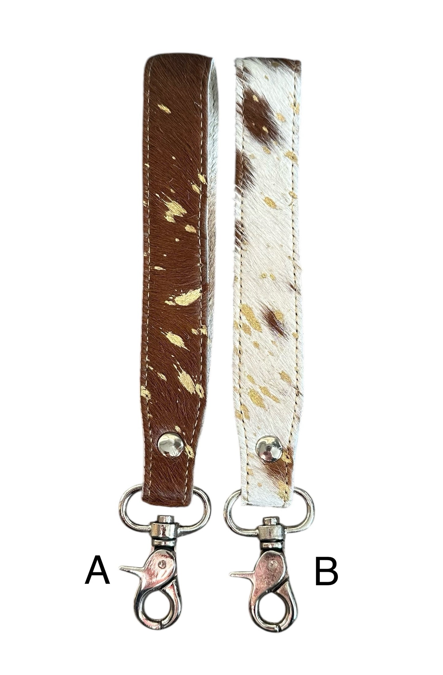 Gold Acid Wash Brown & White Cowhide Wristlet Keychain
