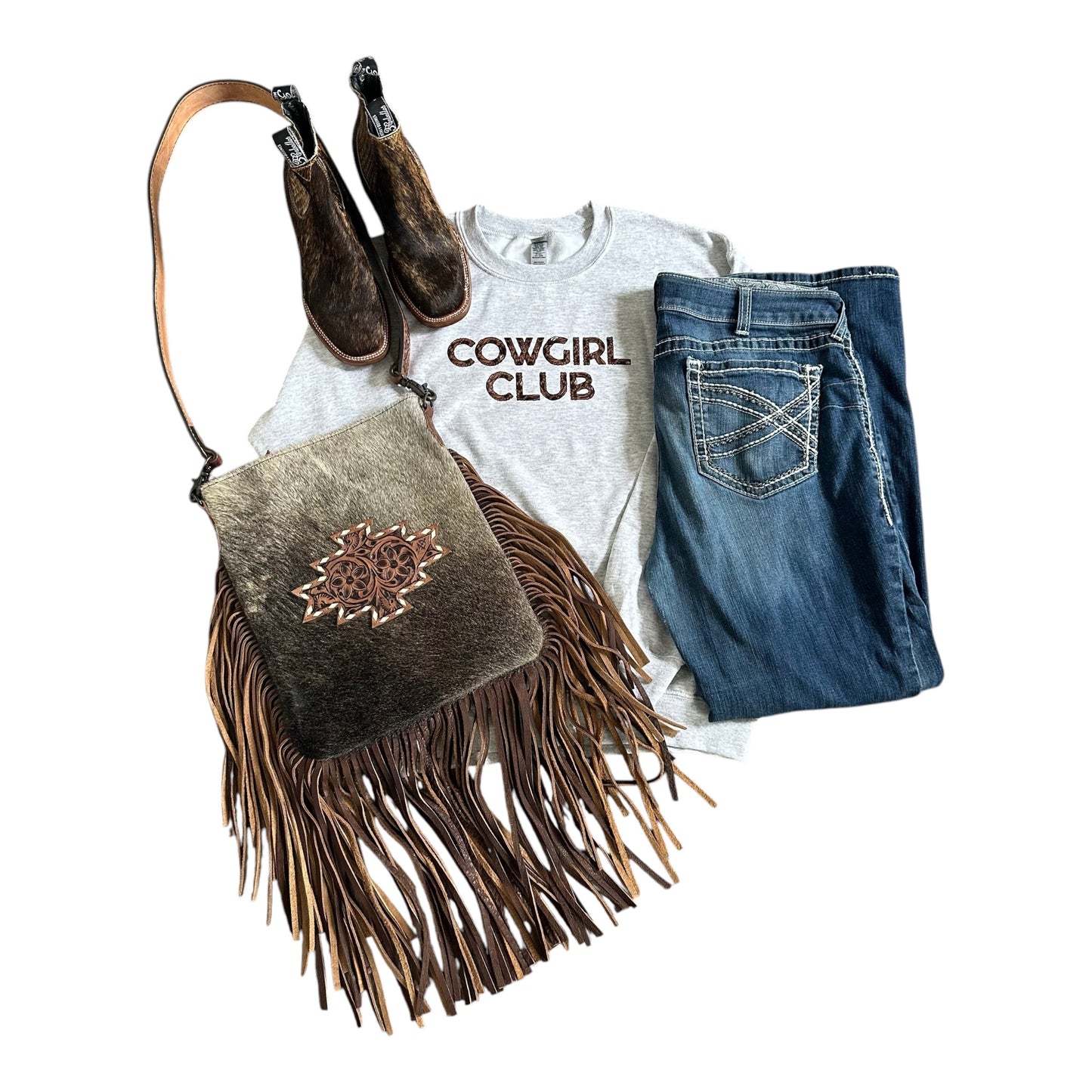 Tooled Brown Cowgirl Club Crewneck