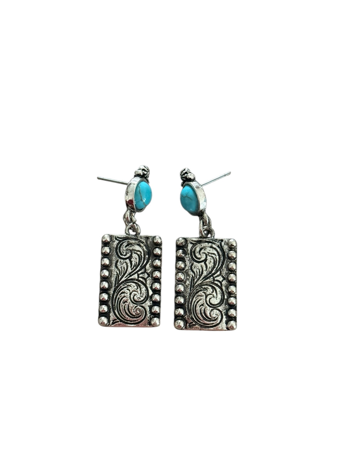 Turquoise Tooled Rectangle Earrings