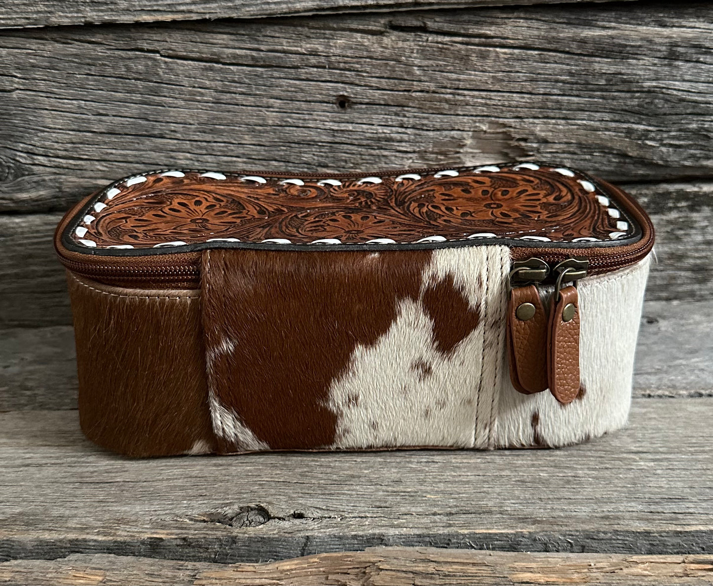 Tooled Leather Buckstitch Makeup Bag
