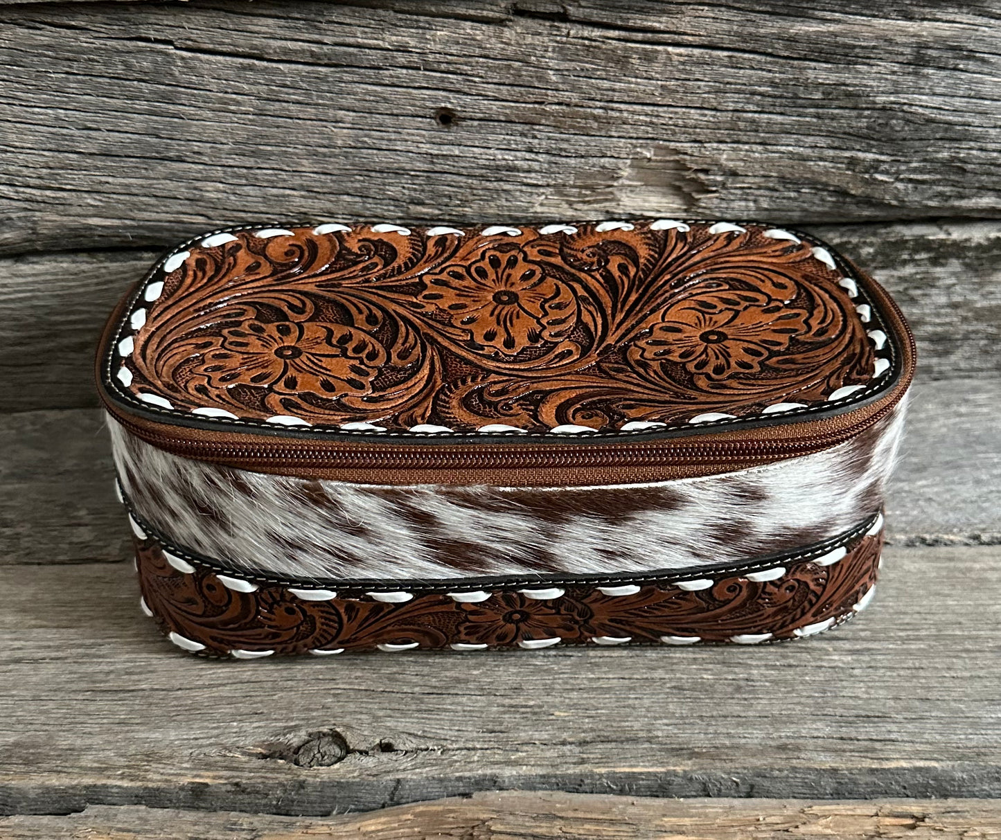 Tooled Leather Buckstitch Makeup Bag