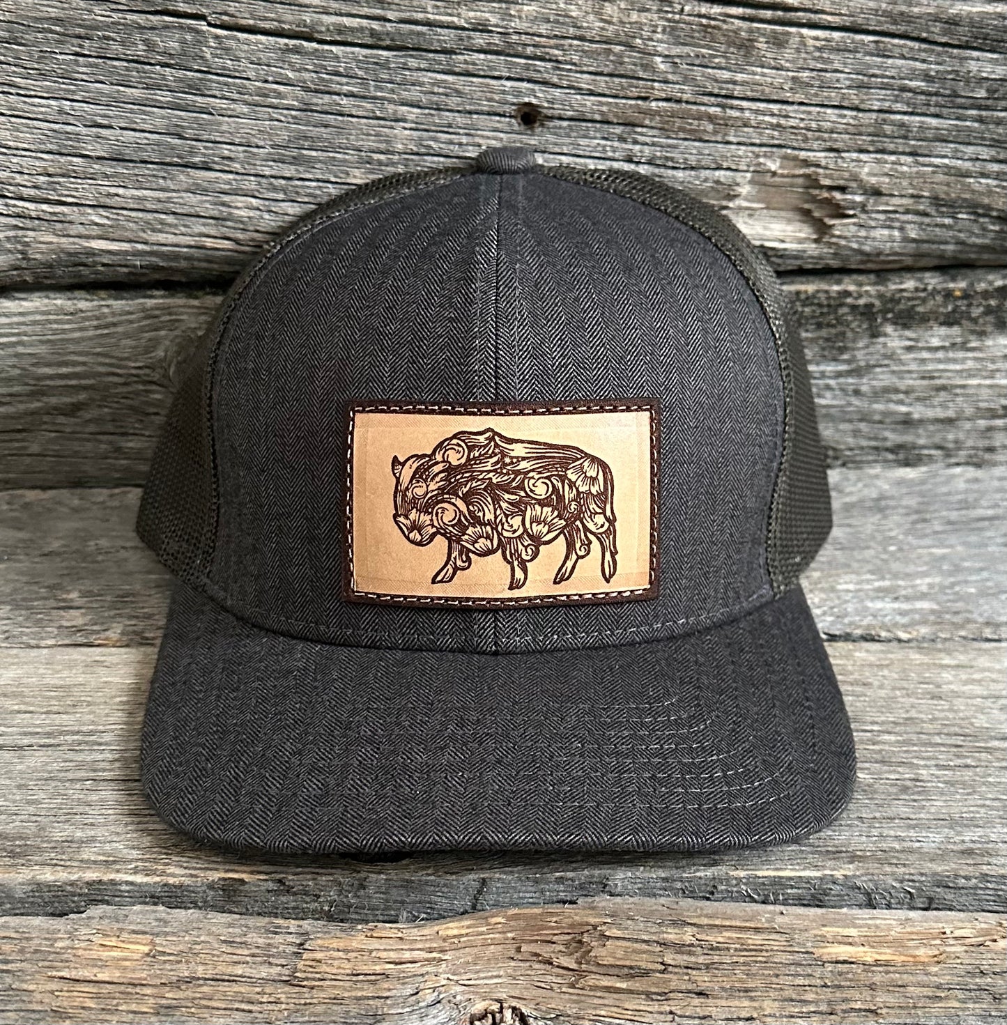 Brown Herringbone Tooled Buffalo Snapback
