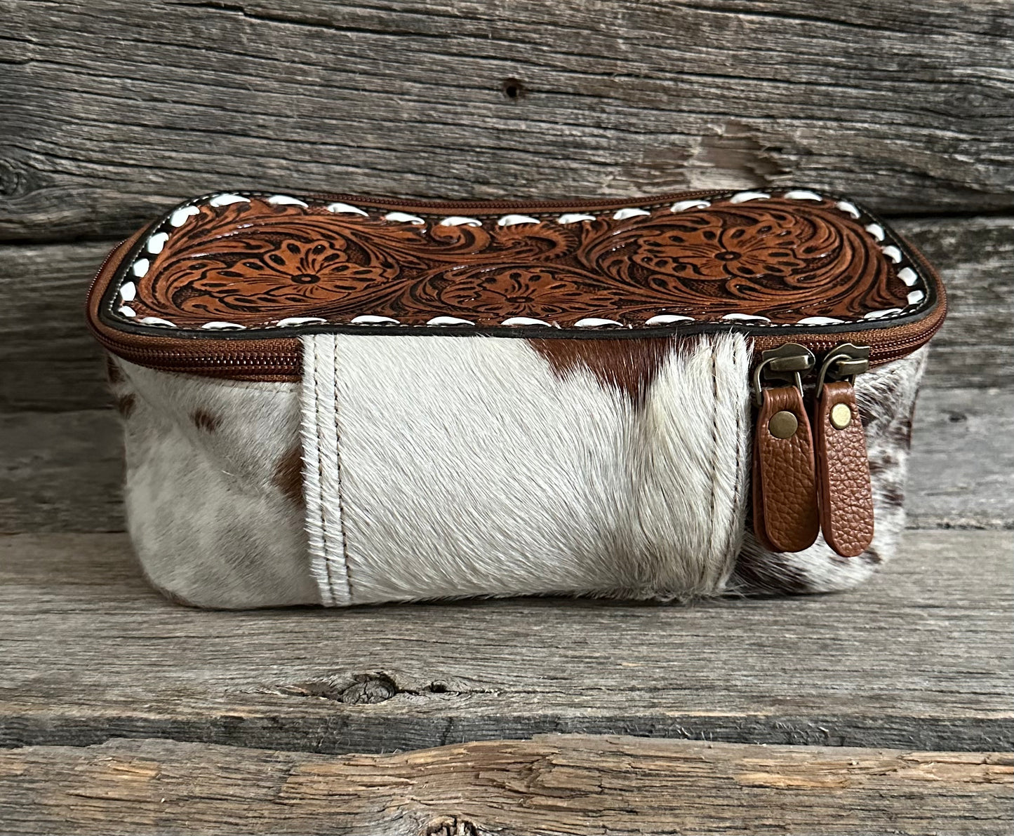 Tooled Leather Buckstitch Makeup Bag