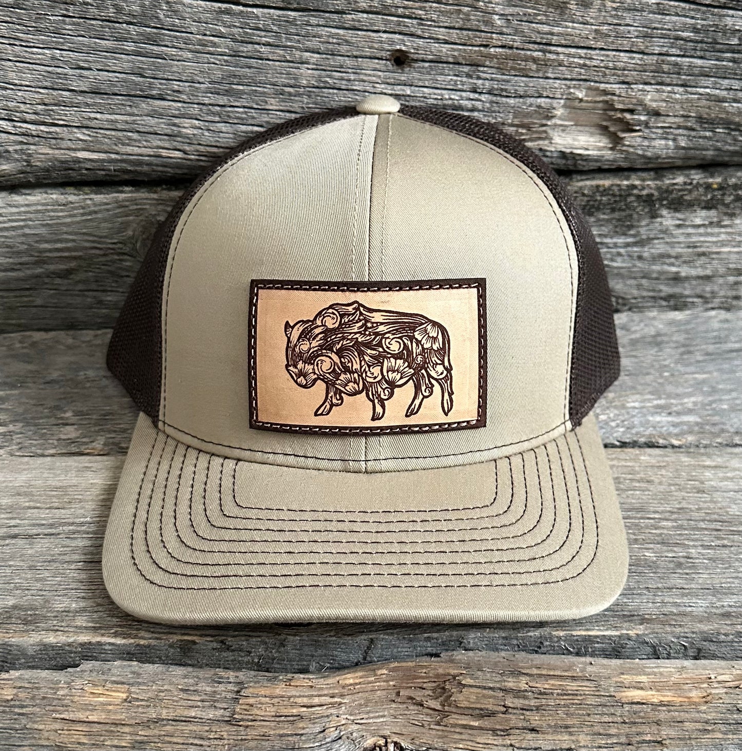 Tan & Brown Tooled Buffalo Snapback