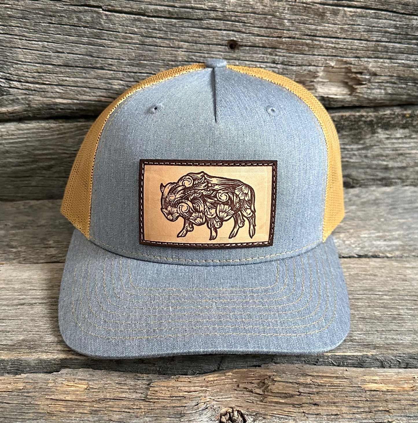 Grey & Mustard Tooled Buffalo Snapback