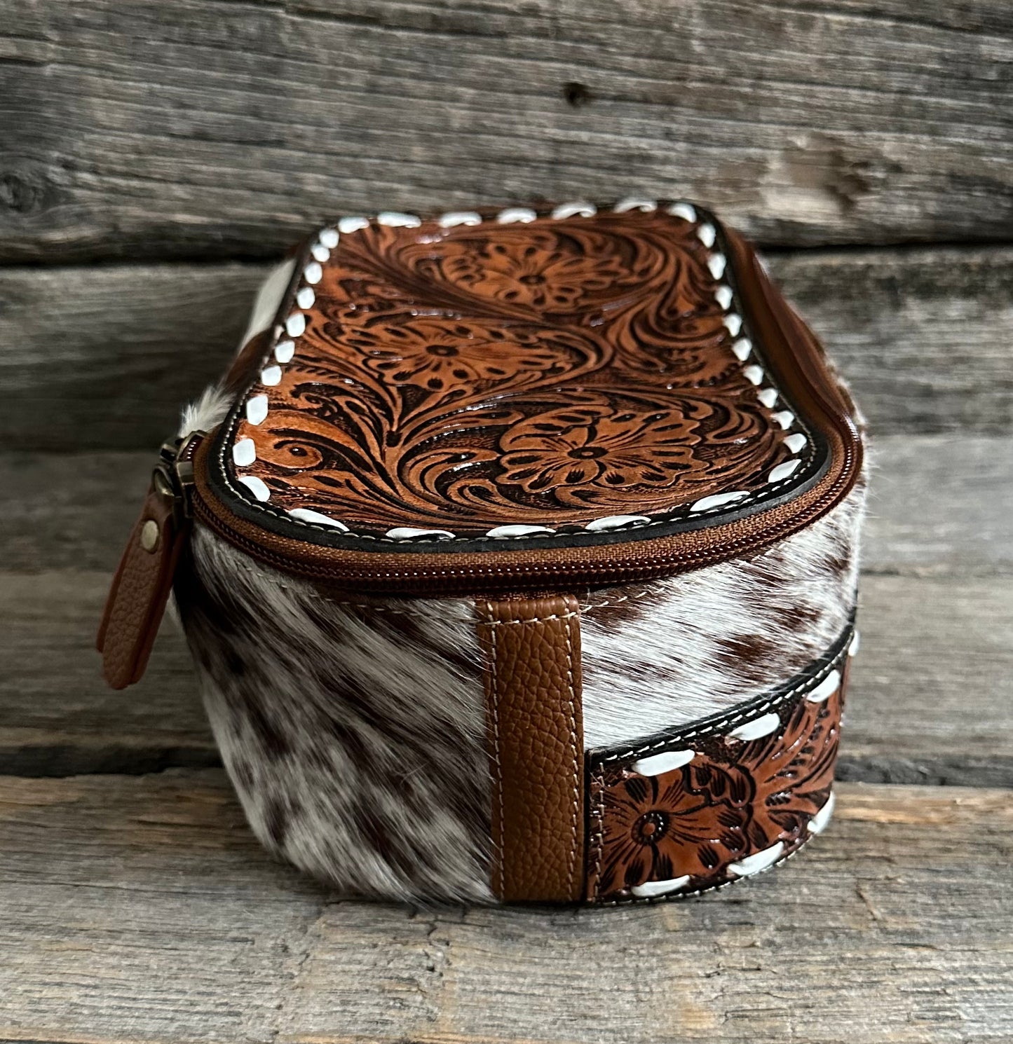 Tooled Leather Buckstitch Makeup Bag