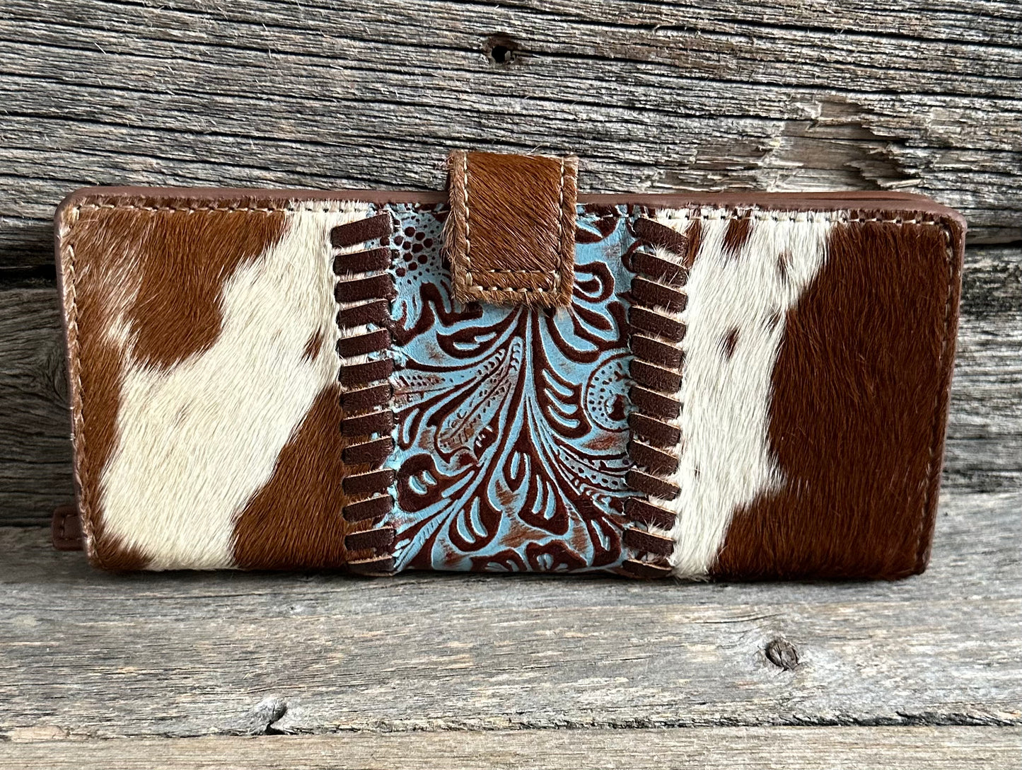 Turquoise Embossed Whipstitch Cowhide Wallet