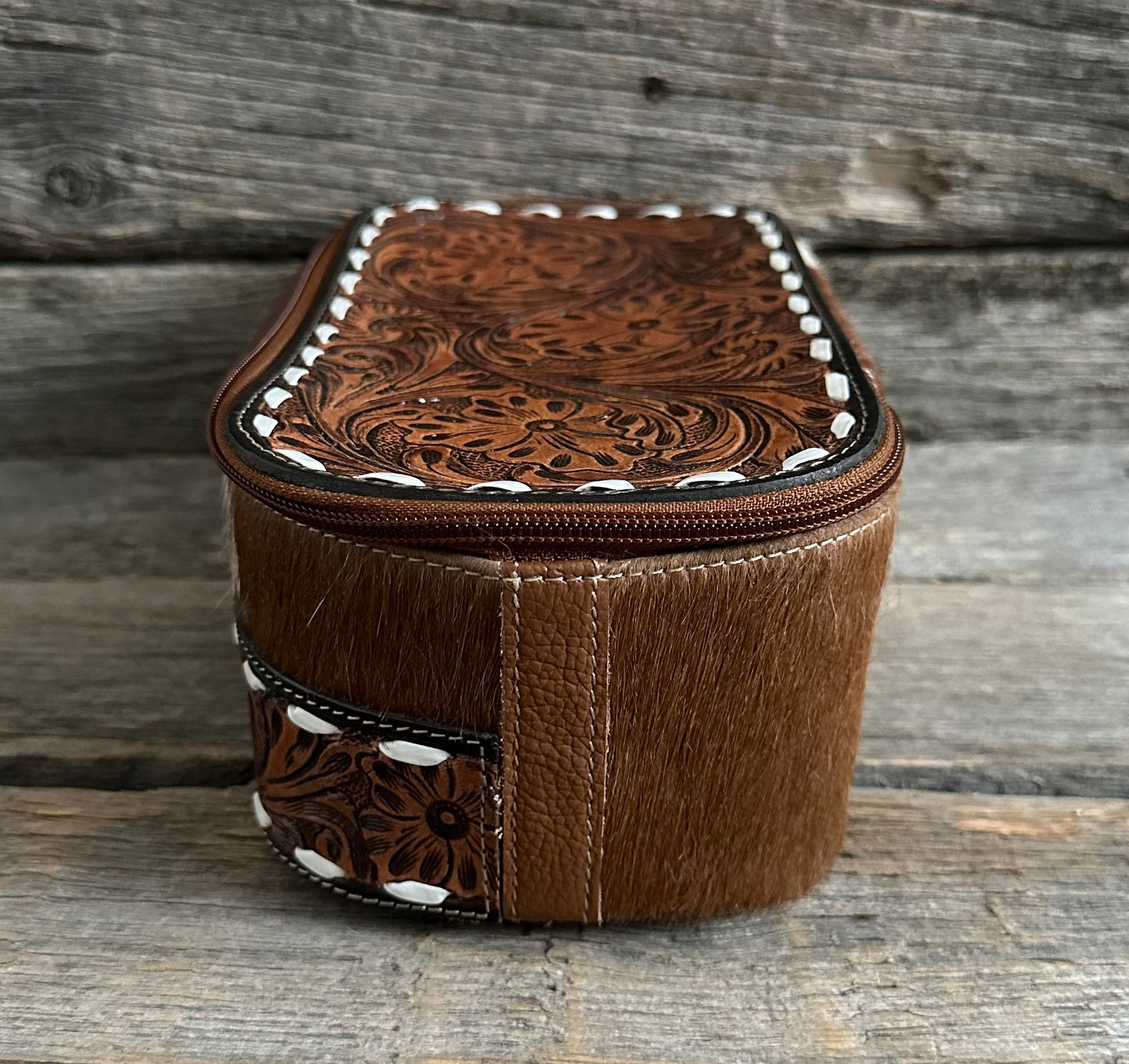 Tooled Leather Buckstitch Makeup Bag
