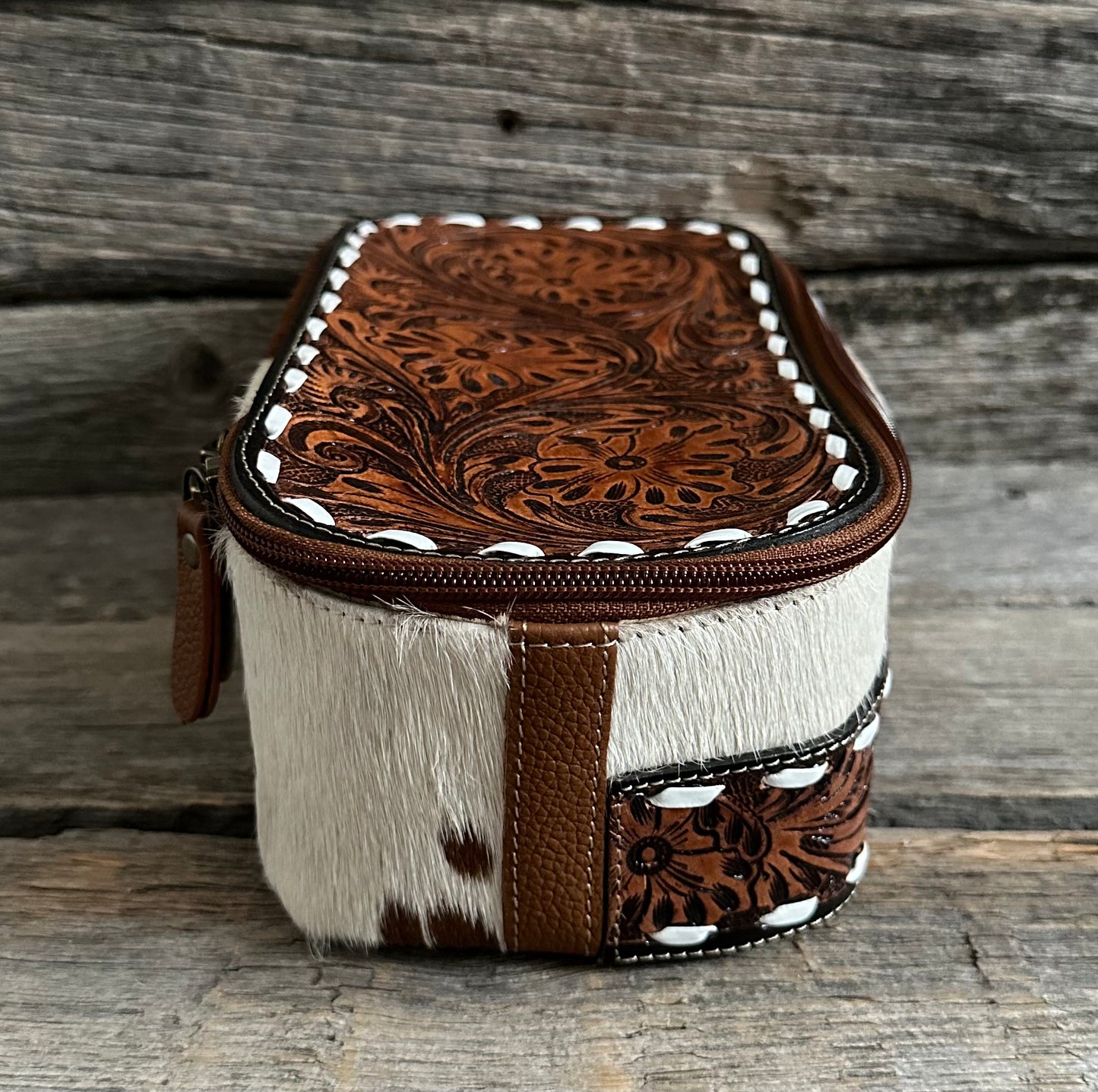 Tooled Leather Buckstitch Makeup Bag