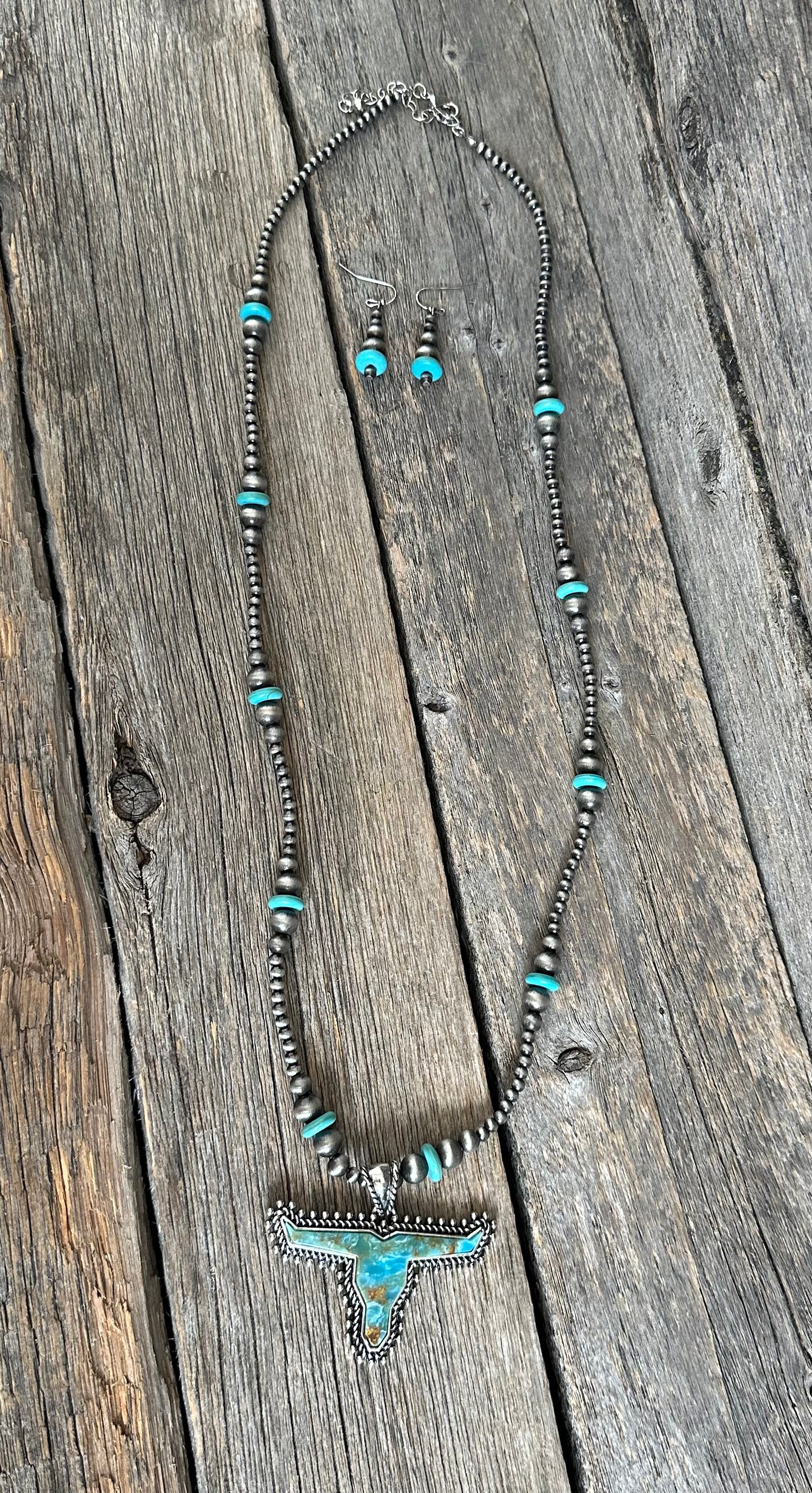 Turquoise Longhorn Navajo Pearls Long Necklace