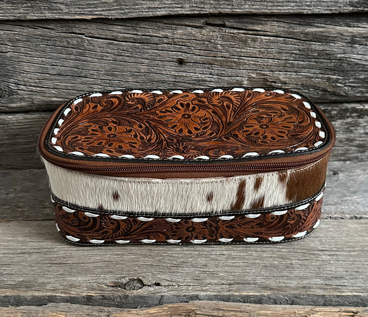 Tooled Leather Buckstitch Makeup Bag
