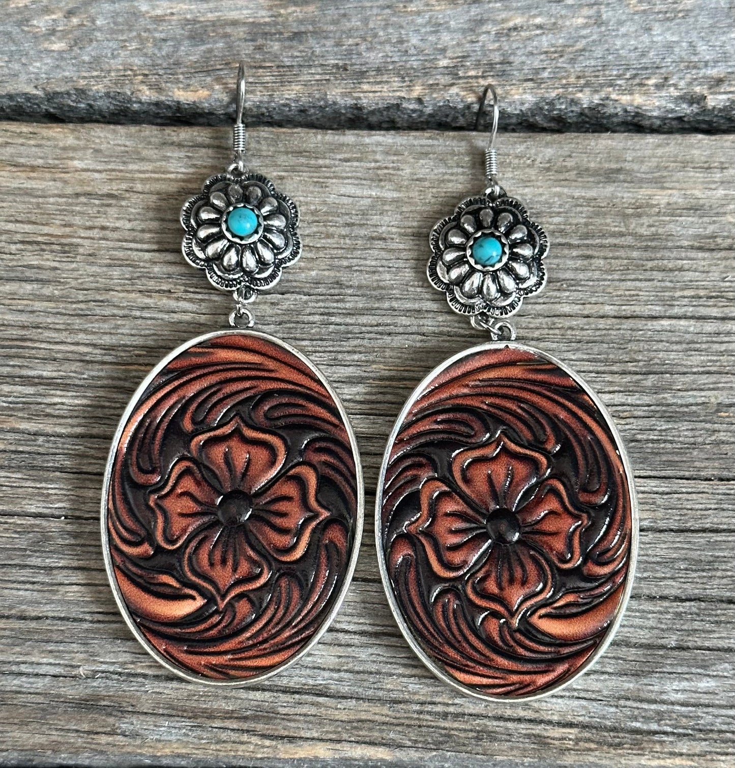Turquoise Concho Leather Floral Earrings