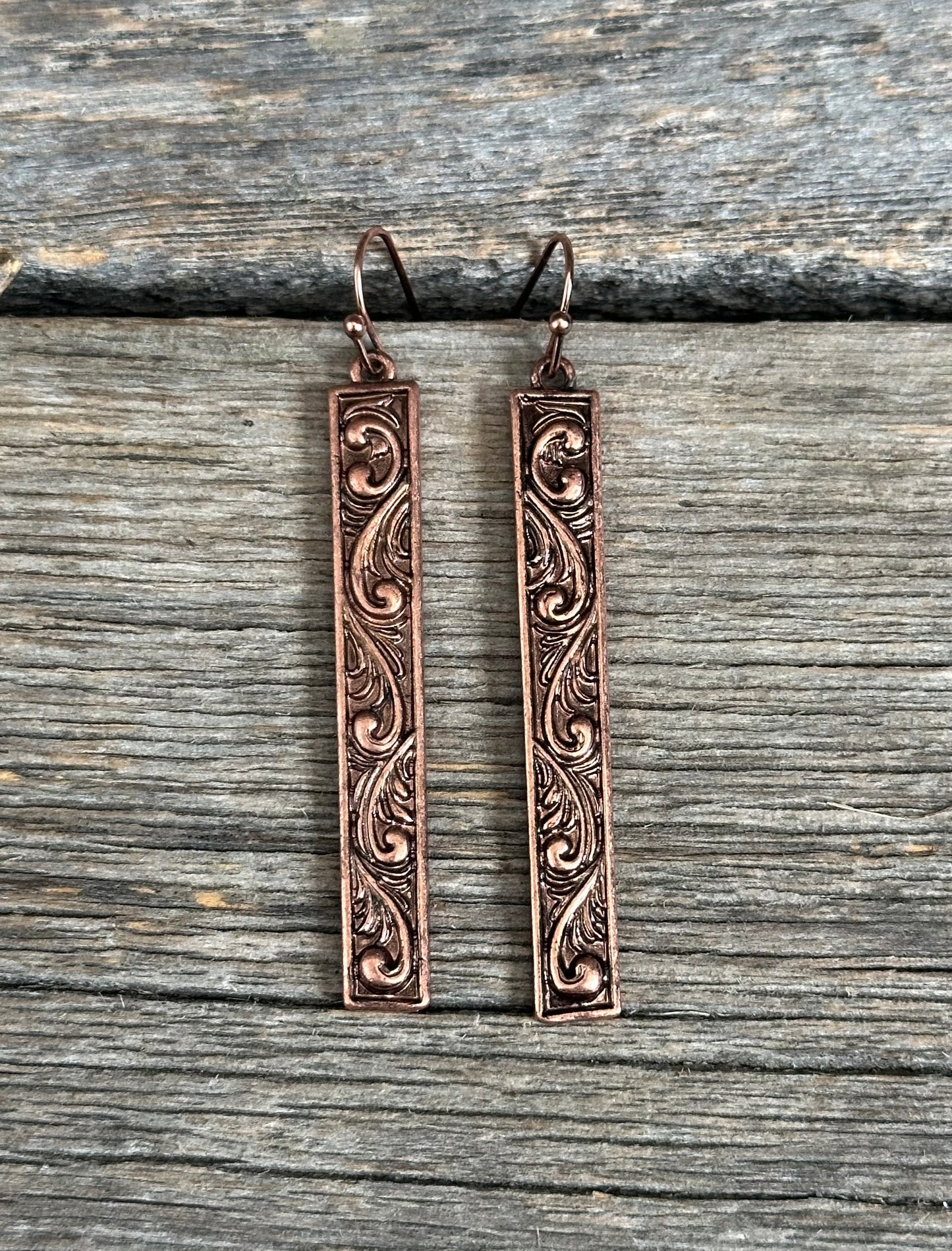 Copper Scrolled Bar Earrings