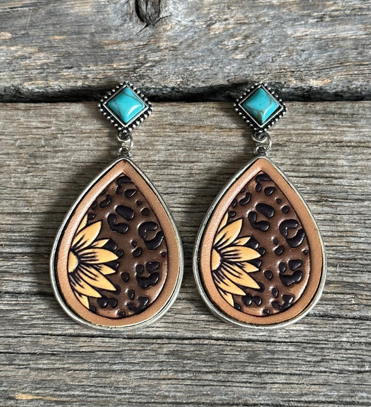 Turquoise Sunflower Leopard Leather Earrings