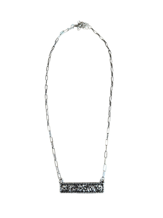 Tooled Floral Small Bar Necklace