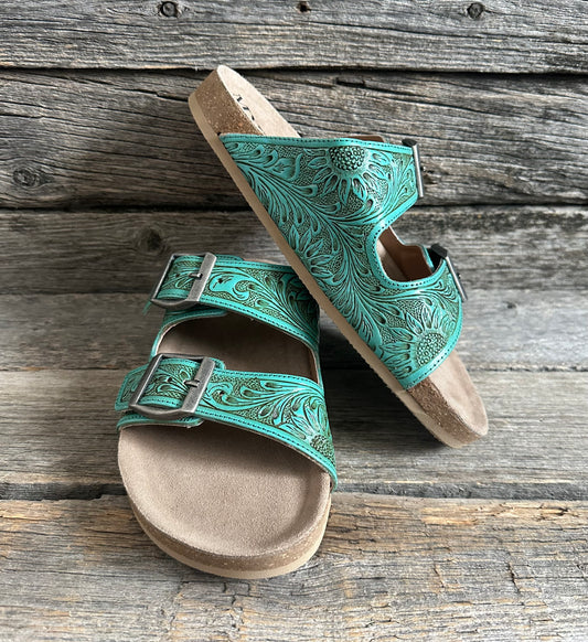 Turquoise Tooled Floral Sandals