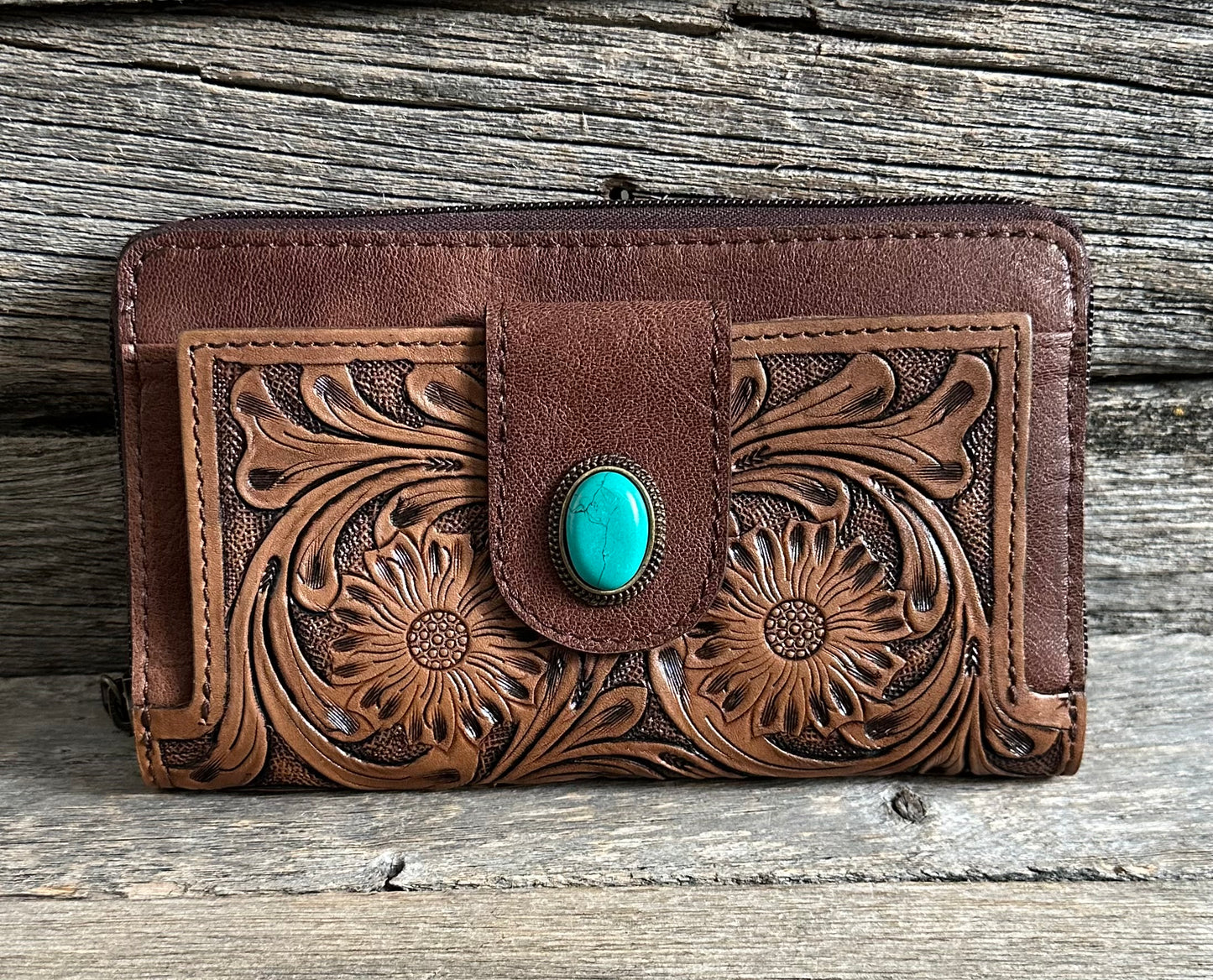 Tooled Leather Turquoise Stone Wallet