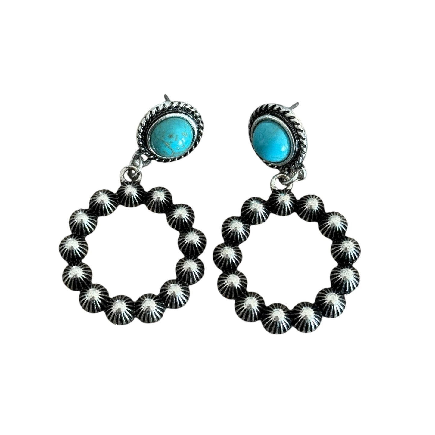 Turquoise Silver Dot Circle Earrings