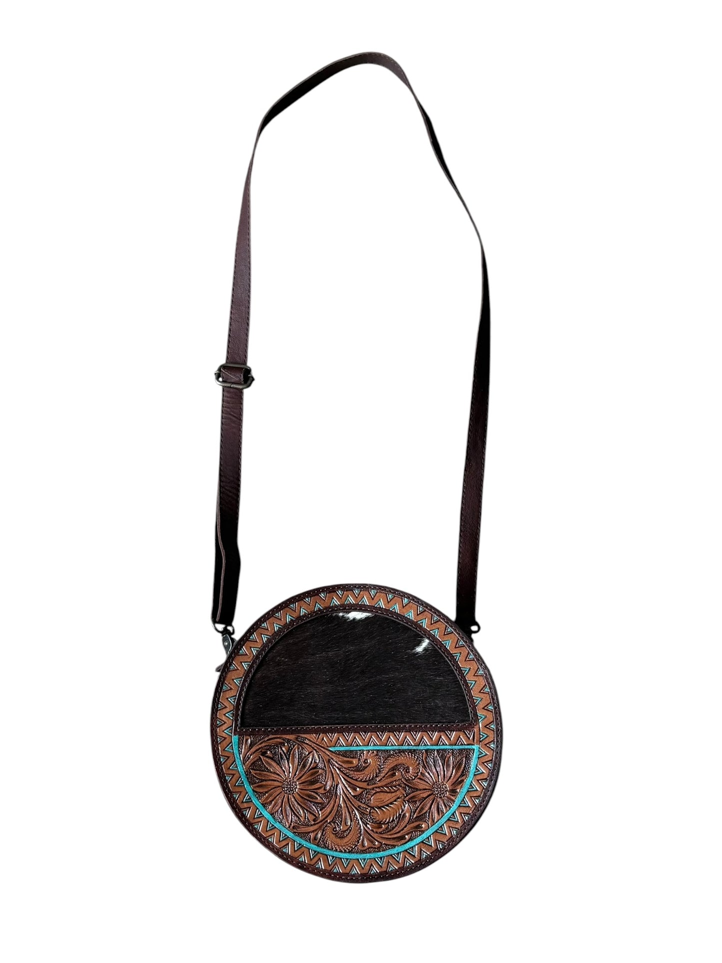 Tooled Turquoise Cowhide Round Purse
