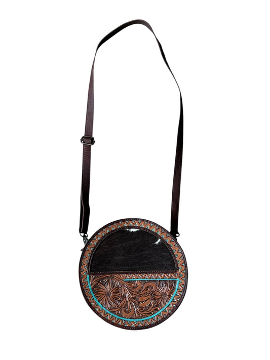 Tooled Turquoise Cowhide Round Purse
