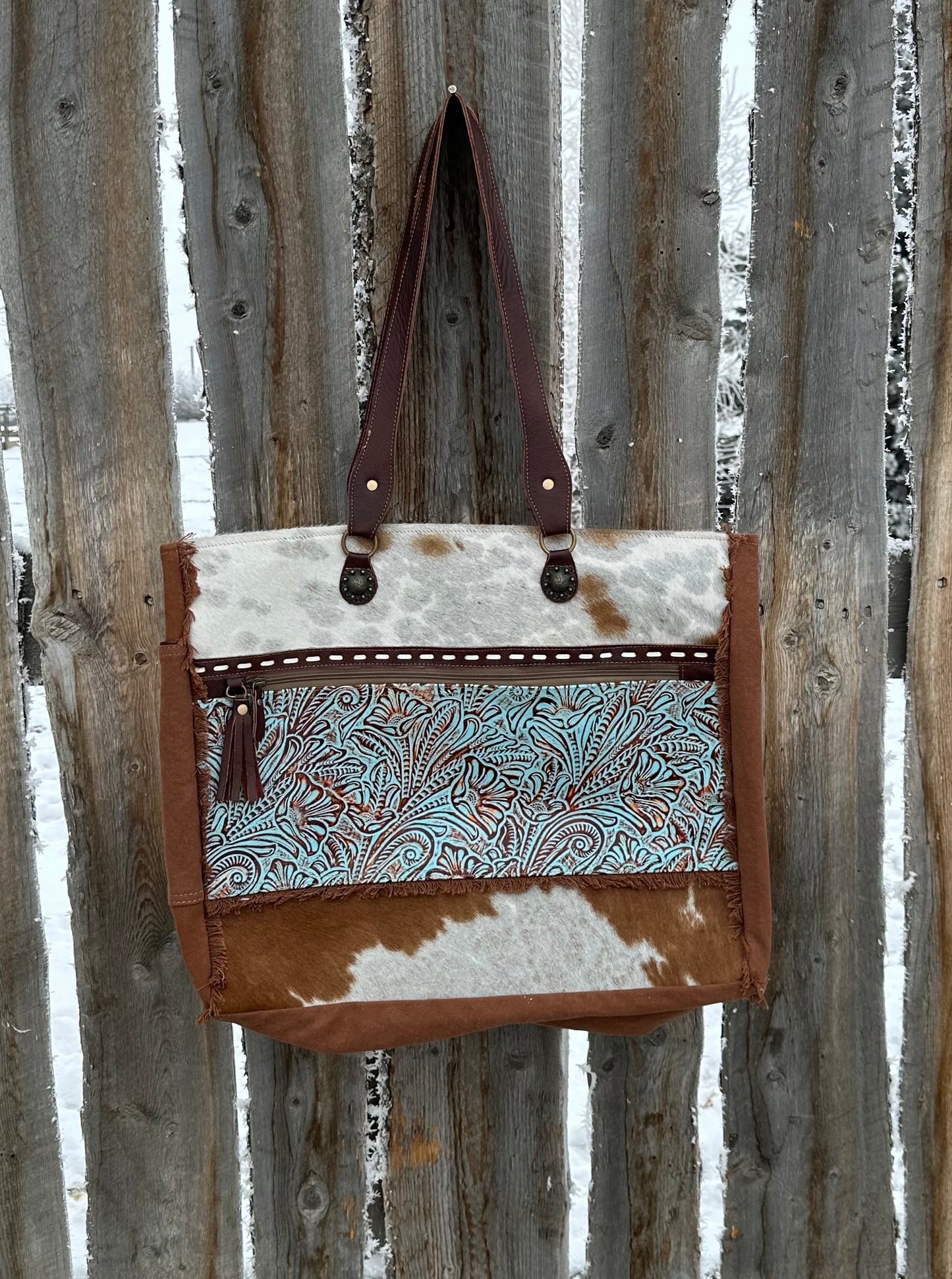 Brown & White Cowhide Turquoise Embossed Leather Weekender Bag
