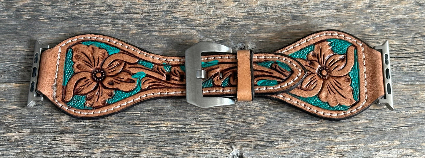 Turquoise Floral Tooled Leather Apple Watch Band (different sizes available)