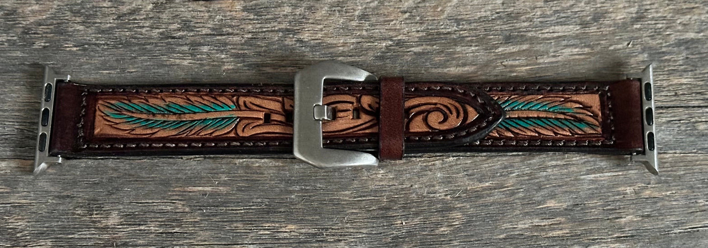 Turquoise Feather Leather Apple Watch Band (different sizes available)