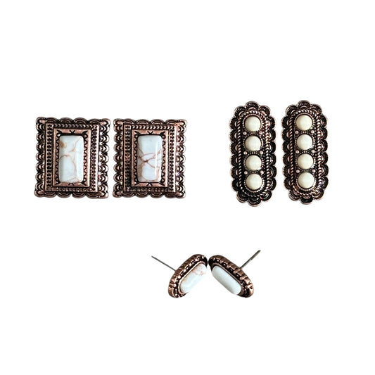 3 Pack Copper Square Concho Earrings