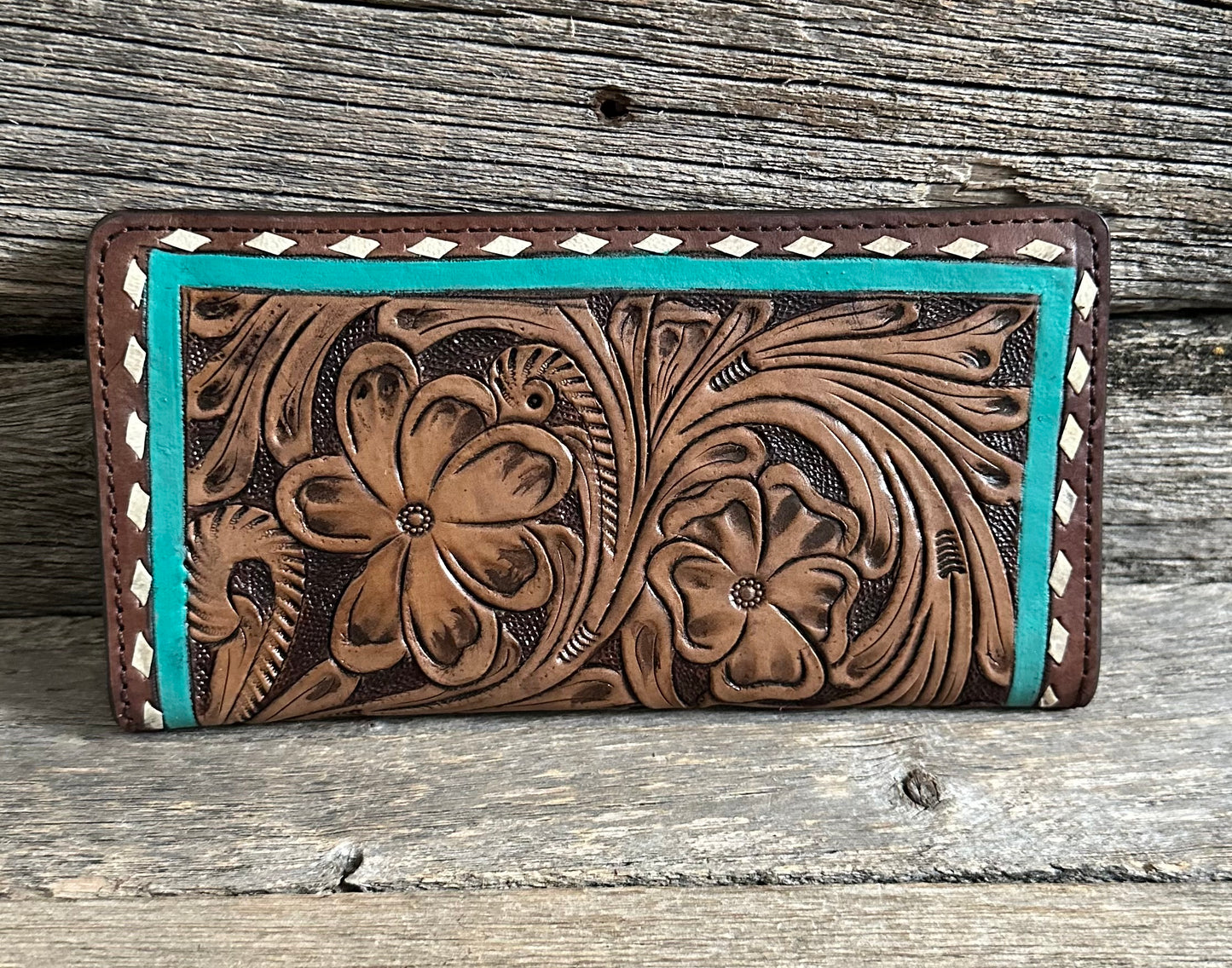 Tooled Floral Buckstitch Turquoise Wallet