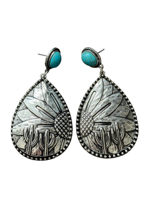 Silver Sunflower Cactus Earrings