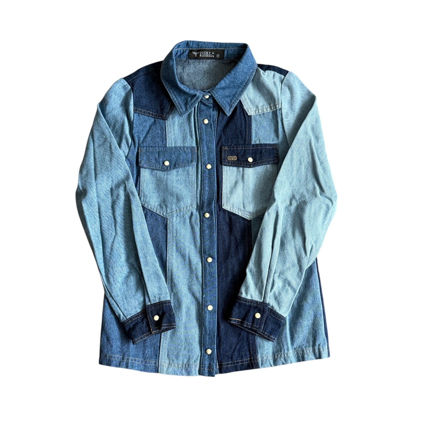 Denim Patchwork Pearl Snap Top